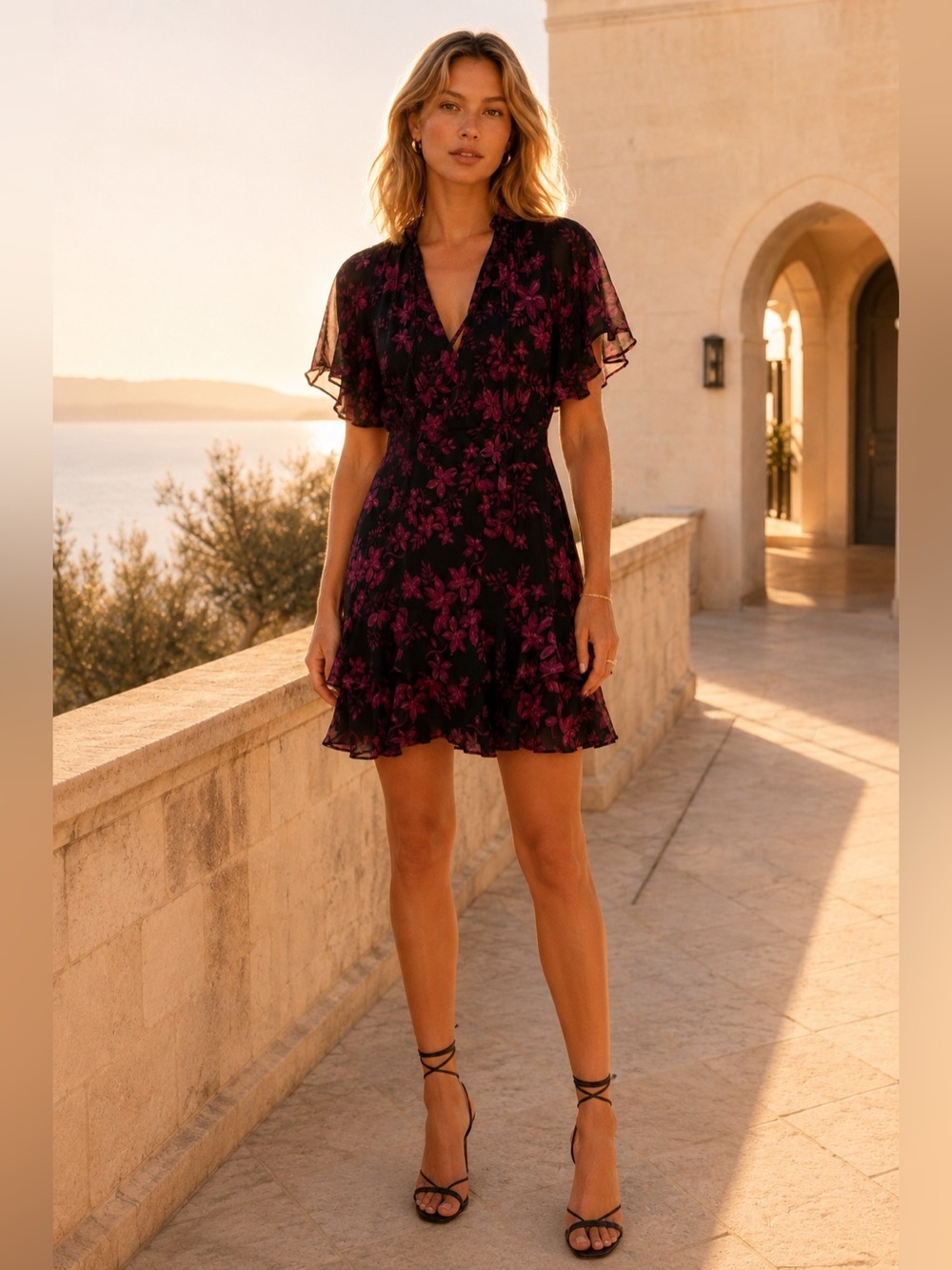 Parker Midnight Fleur Floral Chiffon Mini Dress Black Purple Medium